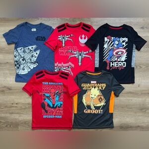 Little Boy Short Sleeve T-Shirt Lot, Star Wars, Spider-Man, Captain America